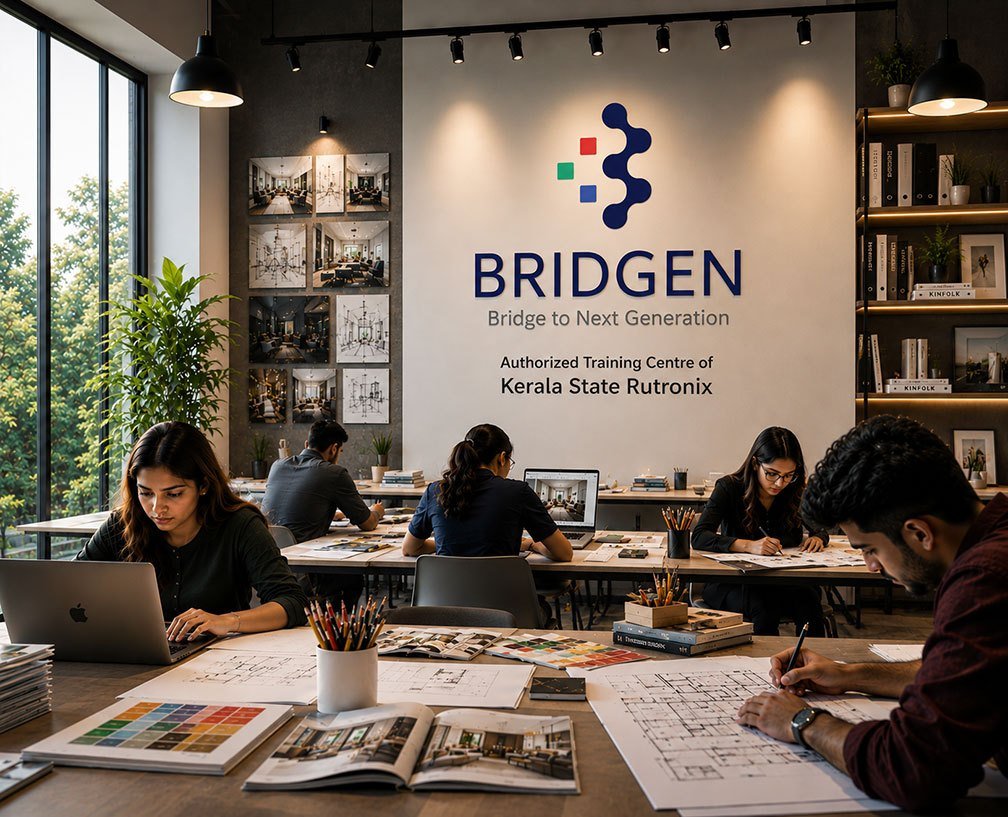 Students learning interior design at Bridgen, an authorized Kerala State Rutronix training centre in Calicut
